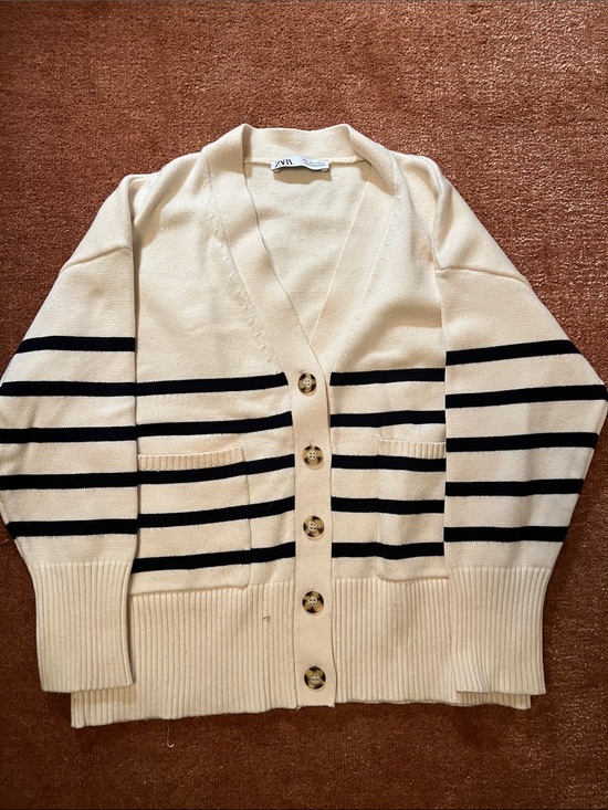 Zara Sweaters - Sz M Zara Off White/Black Tripe Cardigan